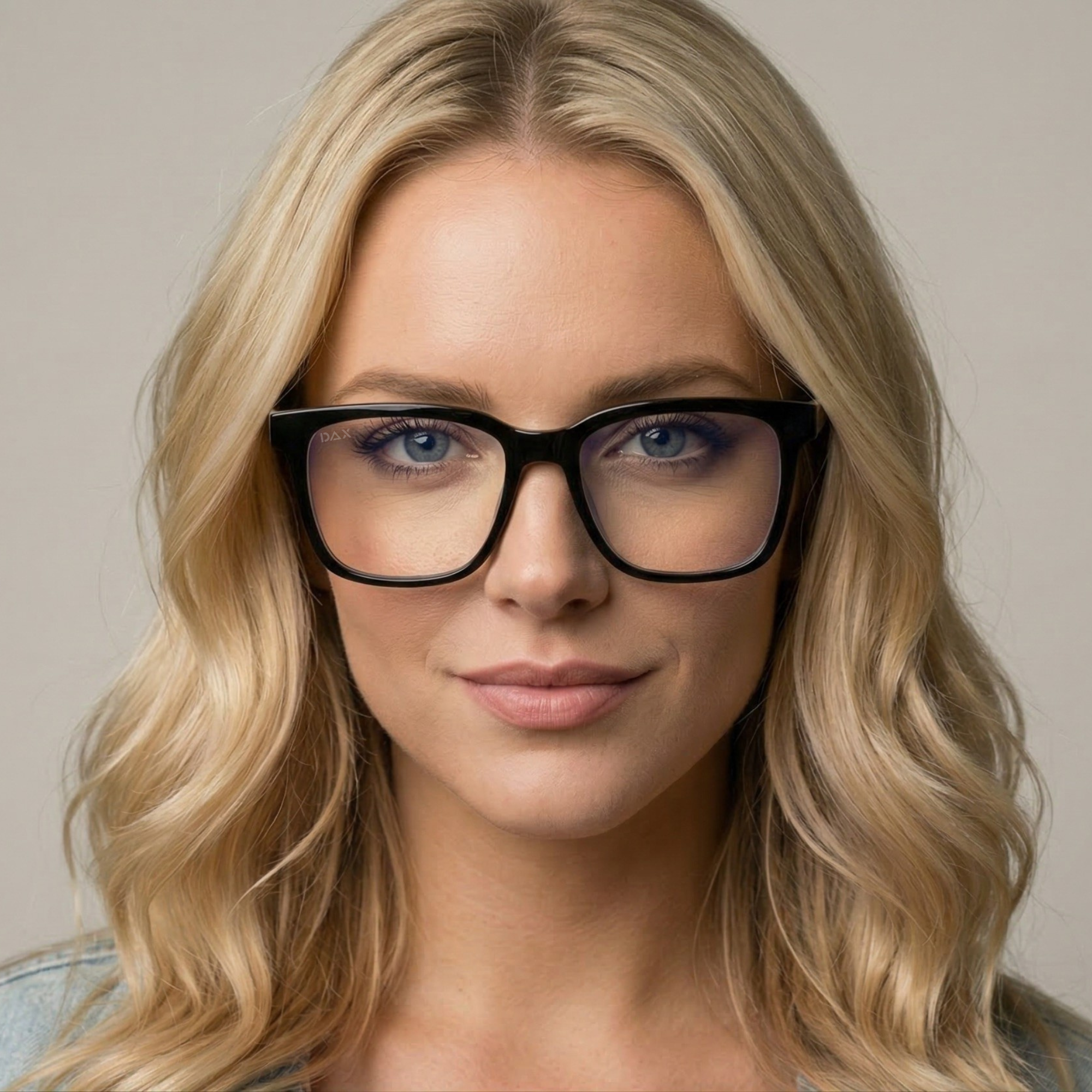 Woman wearing black glasses with a neutral background