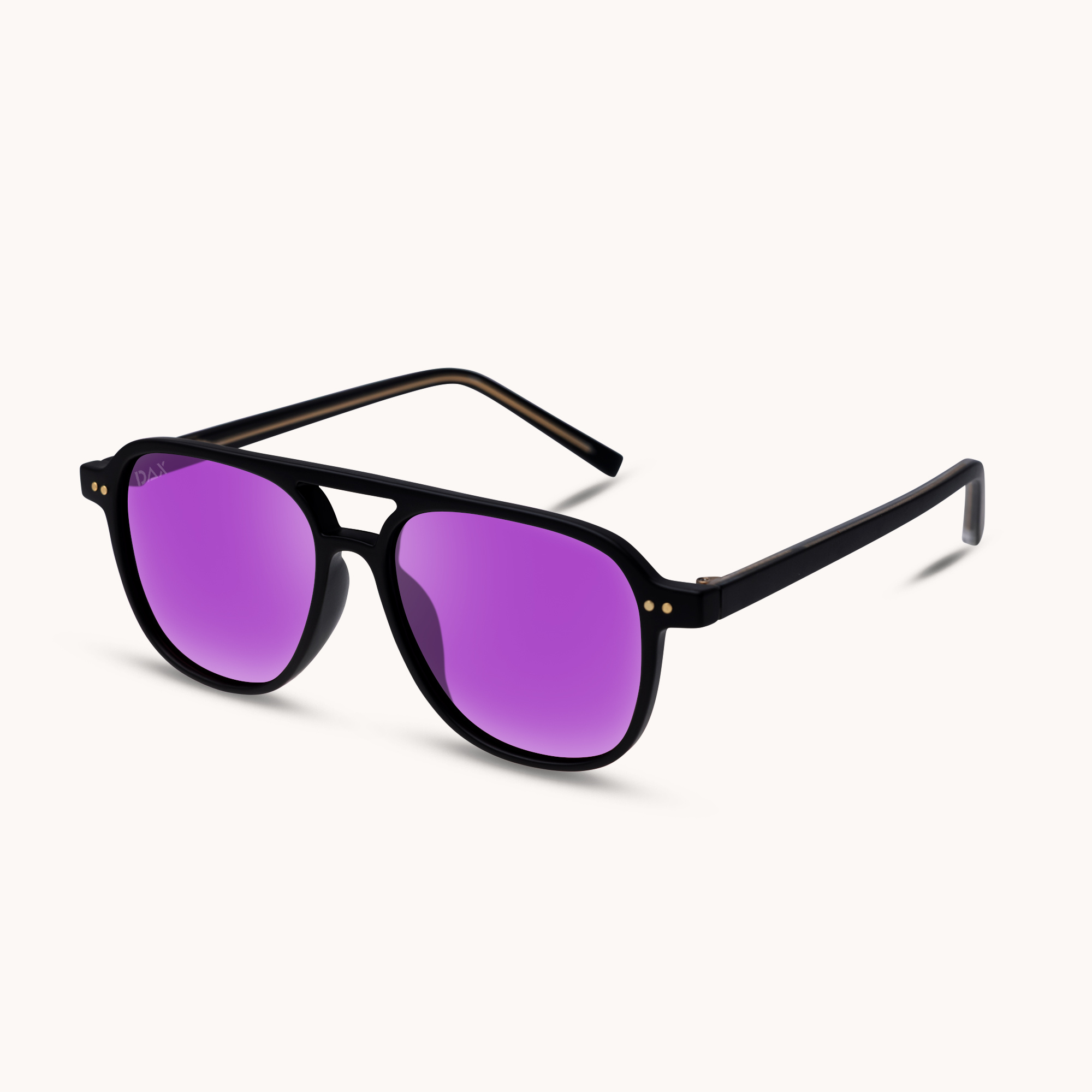 Black-framed sunglasses with purple lenses on a white background