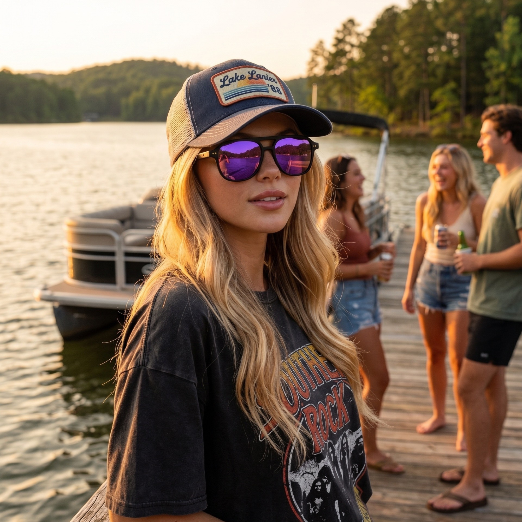 Woman wearing a cap and sunglasses by a lake with friends in the background