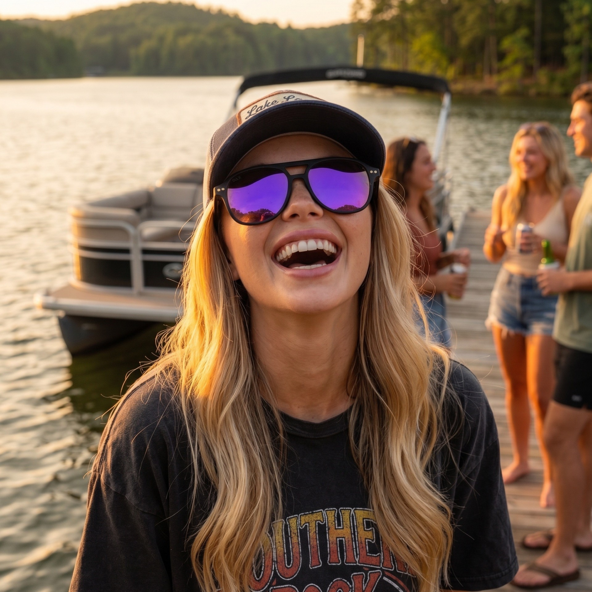 Woman wearing sunglasses and a cap, standing on a dock by a lake with friends in the background.