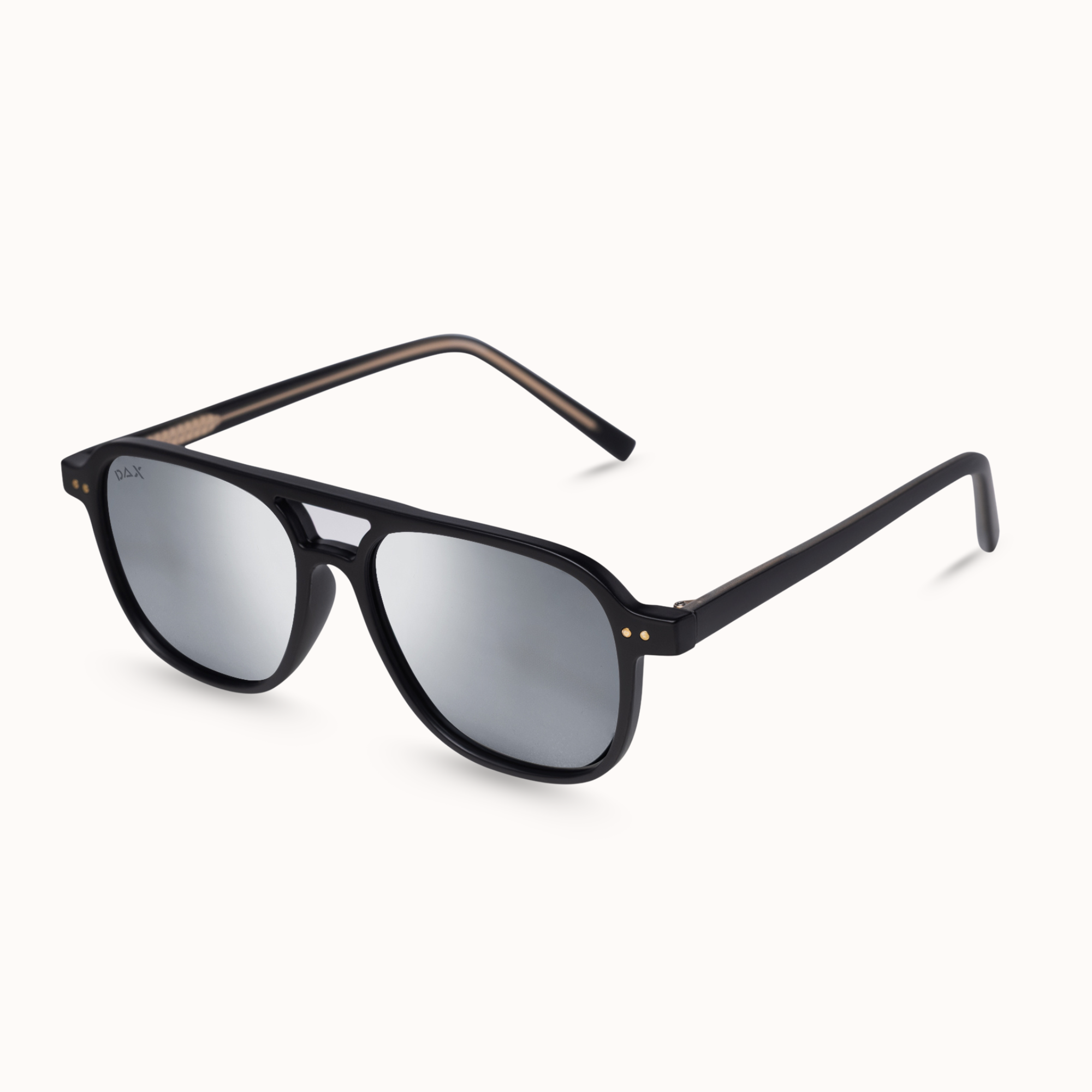 A pair of black aviator-style sunglasses with silver mirrored lenses and a subtle brown pattern on the inner temple arms, shown on a clean off-white background.