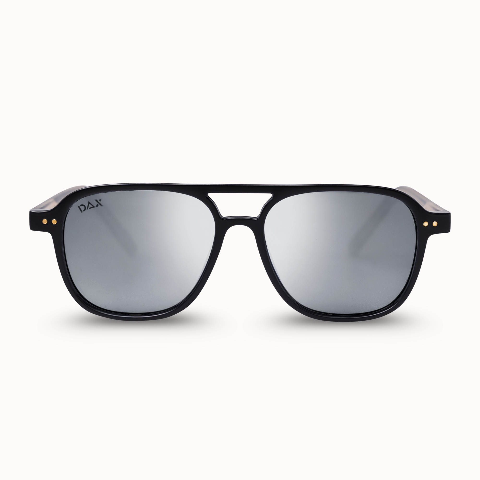 A pair of square aviator-style sunglasses with a black double-bridge frame and mirrored silver lenses, shown against a light off-white background.