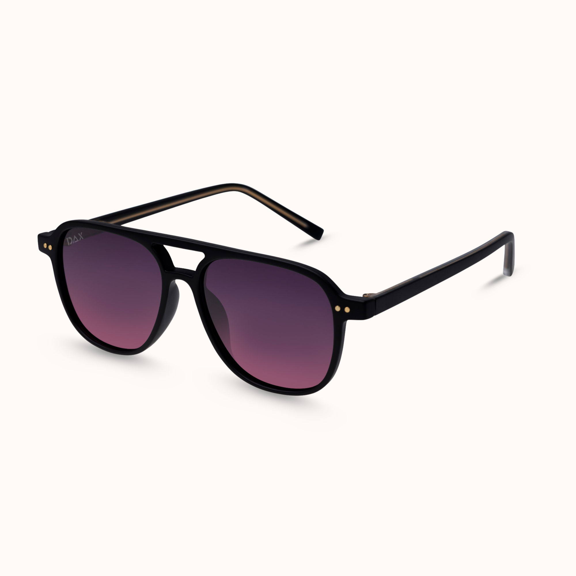 Black sunglasses with purple lenses on a white background