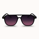 Black sunglasses with gradient purple lenses on a white background