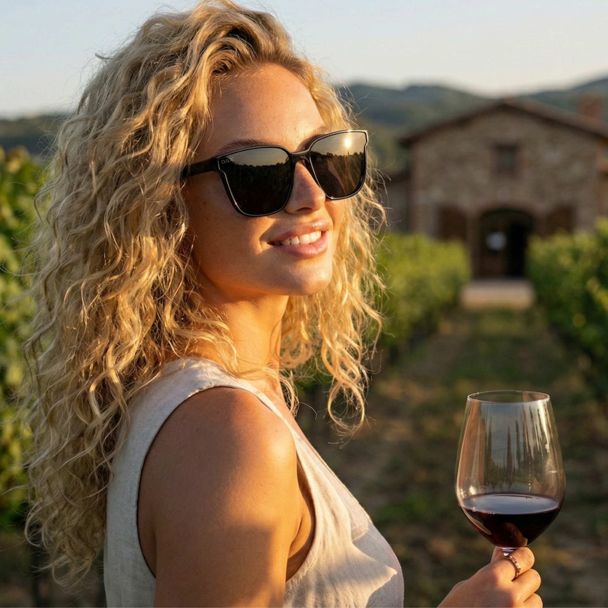 Woman holding a glass of red wine in a vineyard