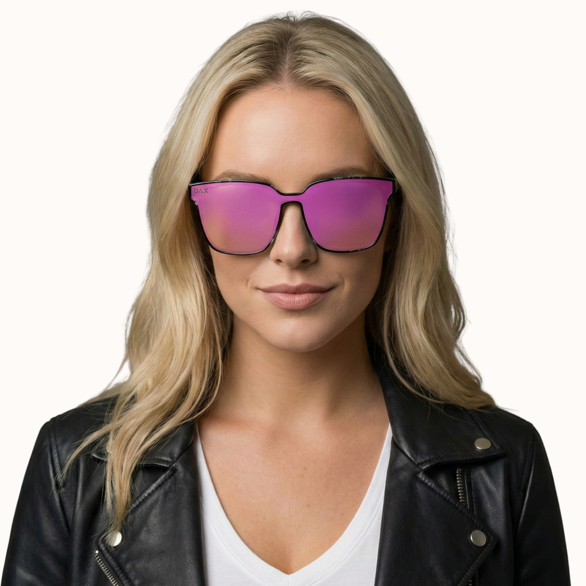 Woman wearing pink sunglasses and a black leather jacket on a white background