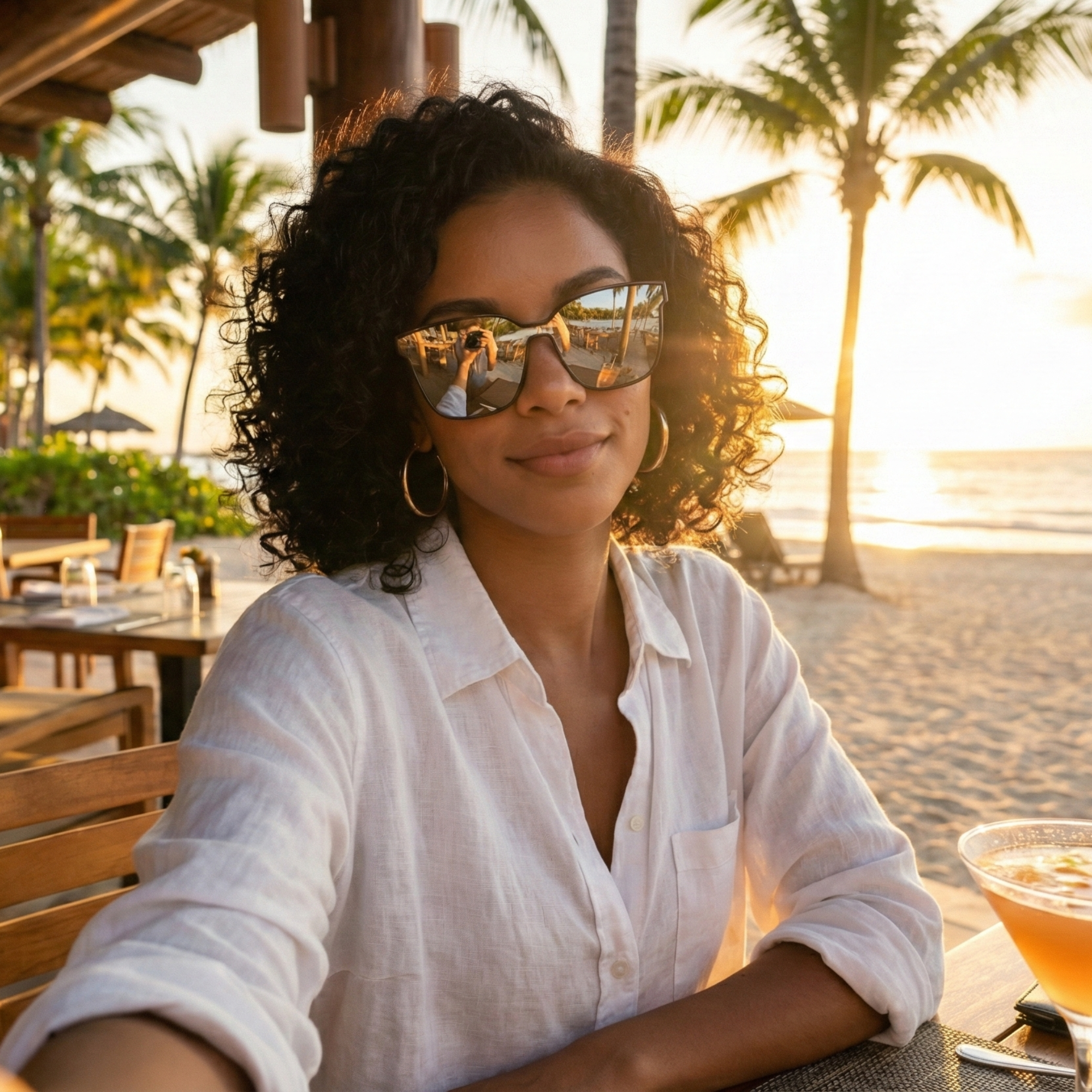 Woman wearing sunglasses and a white shirt at a beachside cafe with palm trees and sunset.