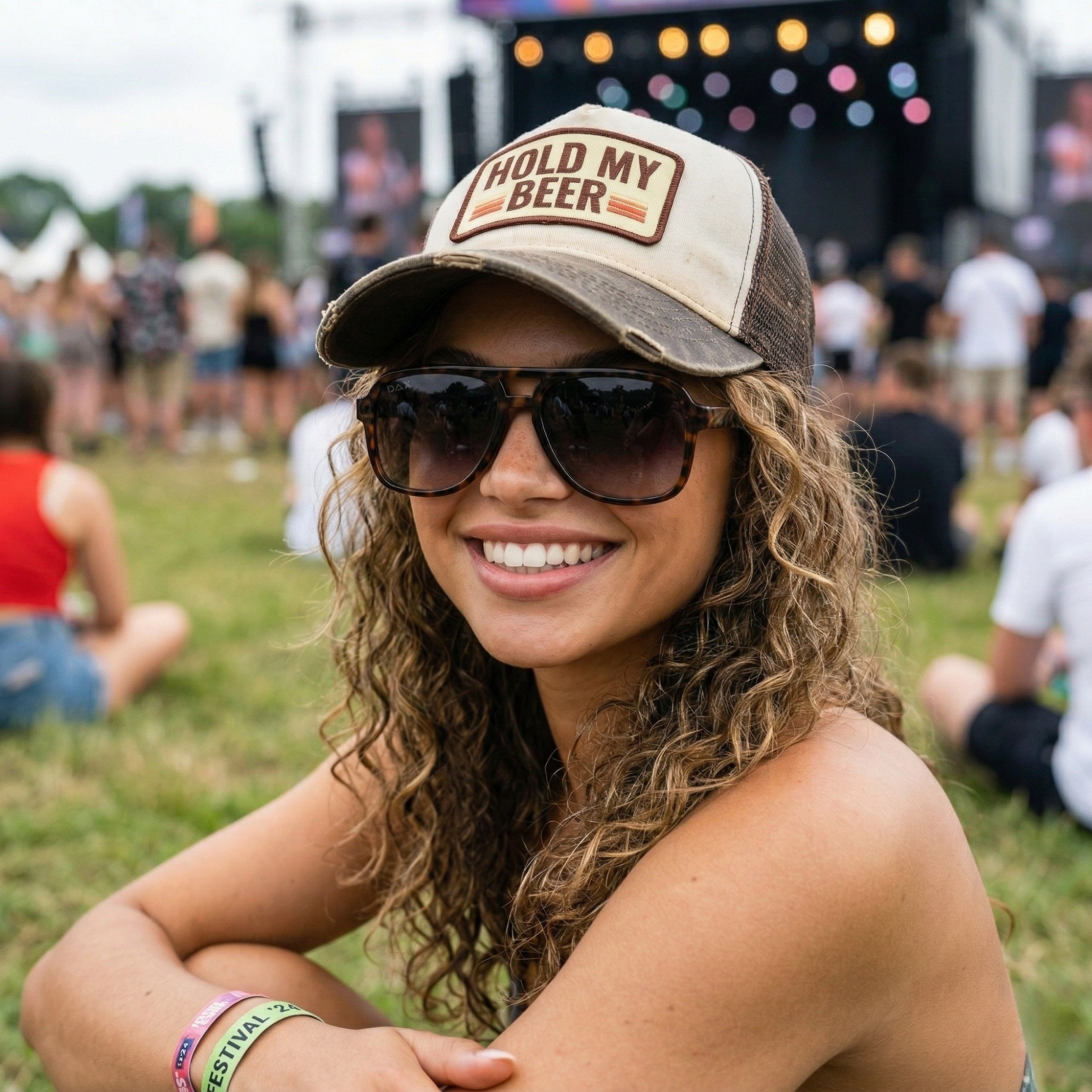 Woman wearing tortoise aviators and a ball cap at an outdoor concert.