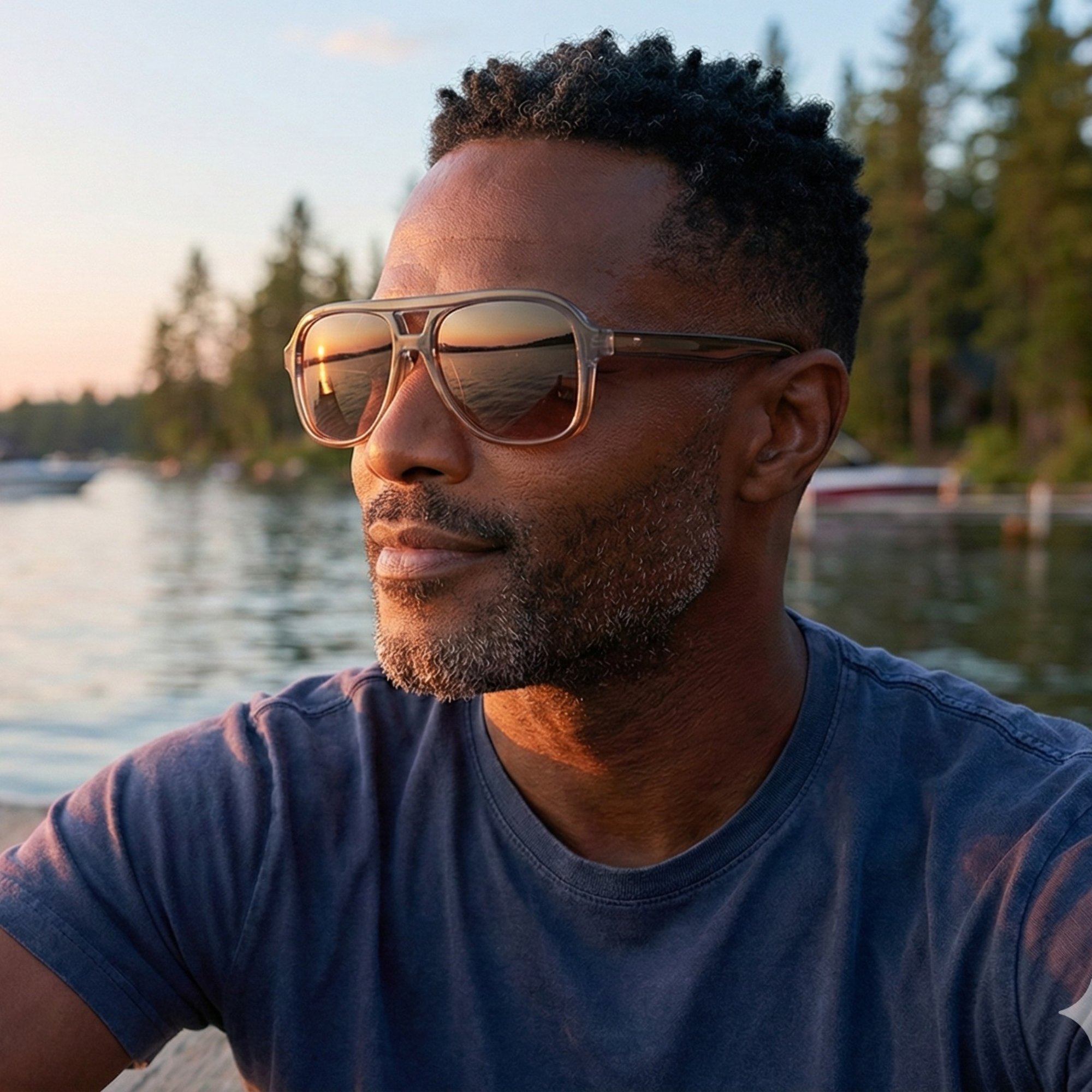 Man wearing sunglasses and a blue shirt by a lake with trees in the background