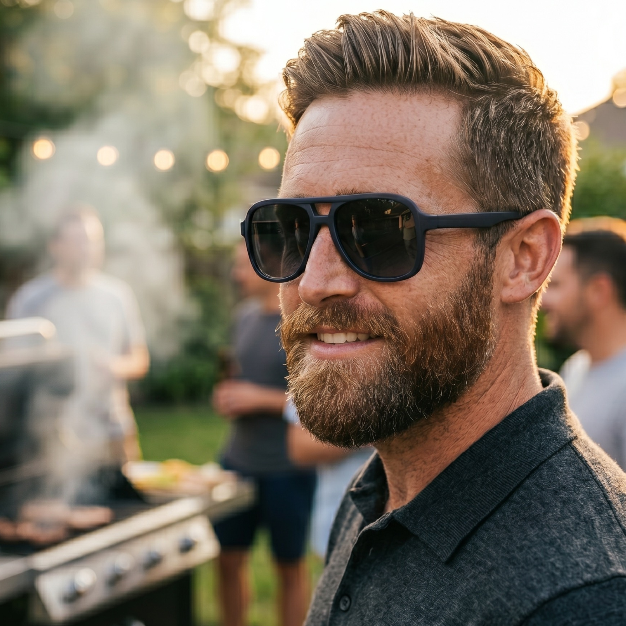 Man wearing sunglasses with a grill and people in the background