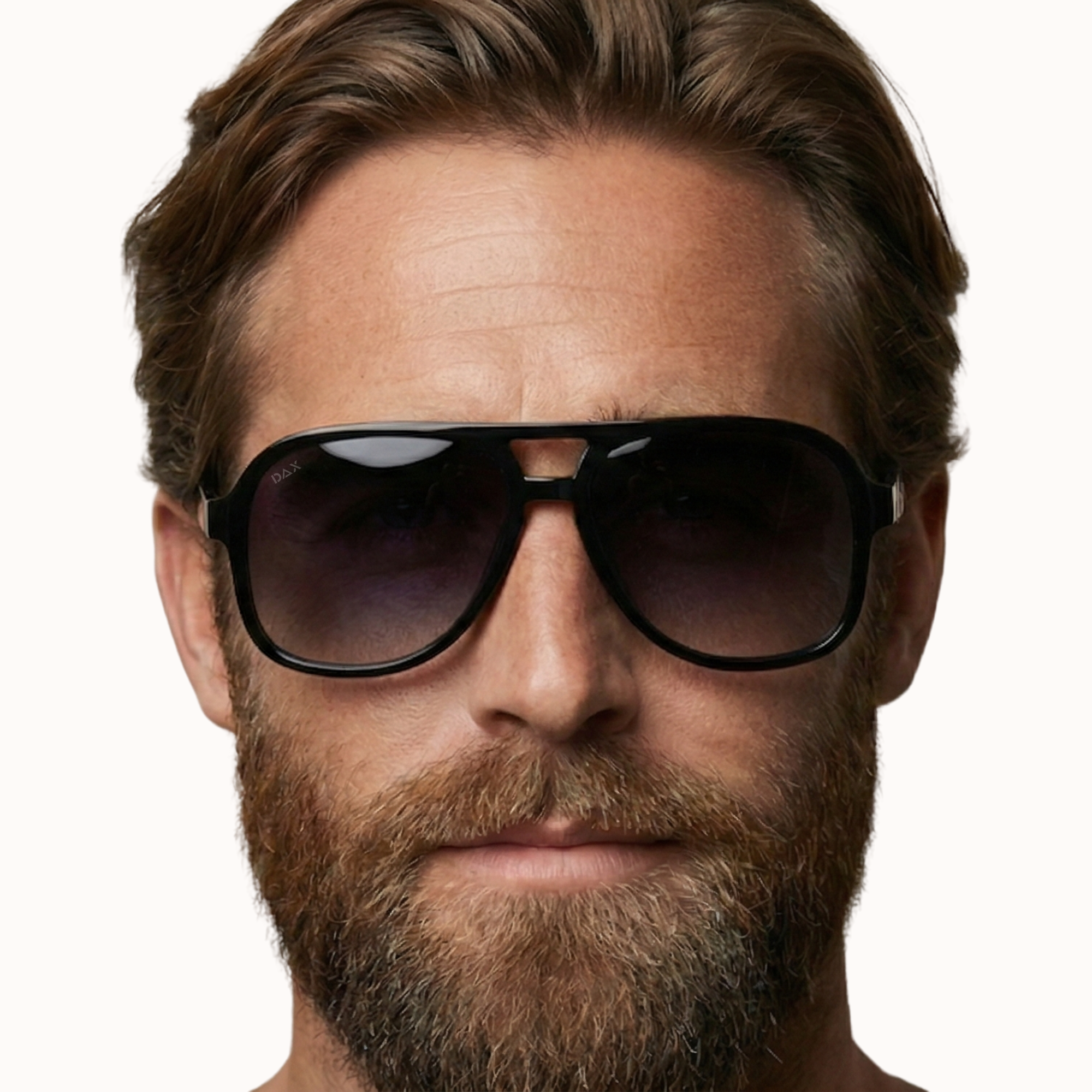 Close-up of a person wearing black sunglasses with a neutral background