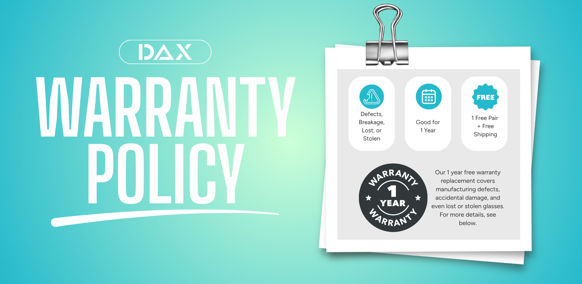 A promotional graphic for an IDAX warranty policy, with large white text reading 'WARRANTY POLICY' on a teal gradient background and a clipped document showing warranty details and a one-year badge.