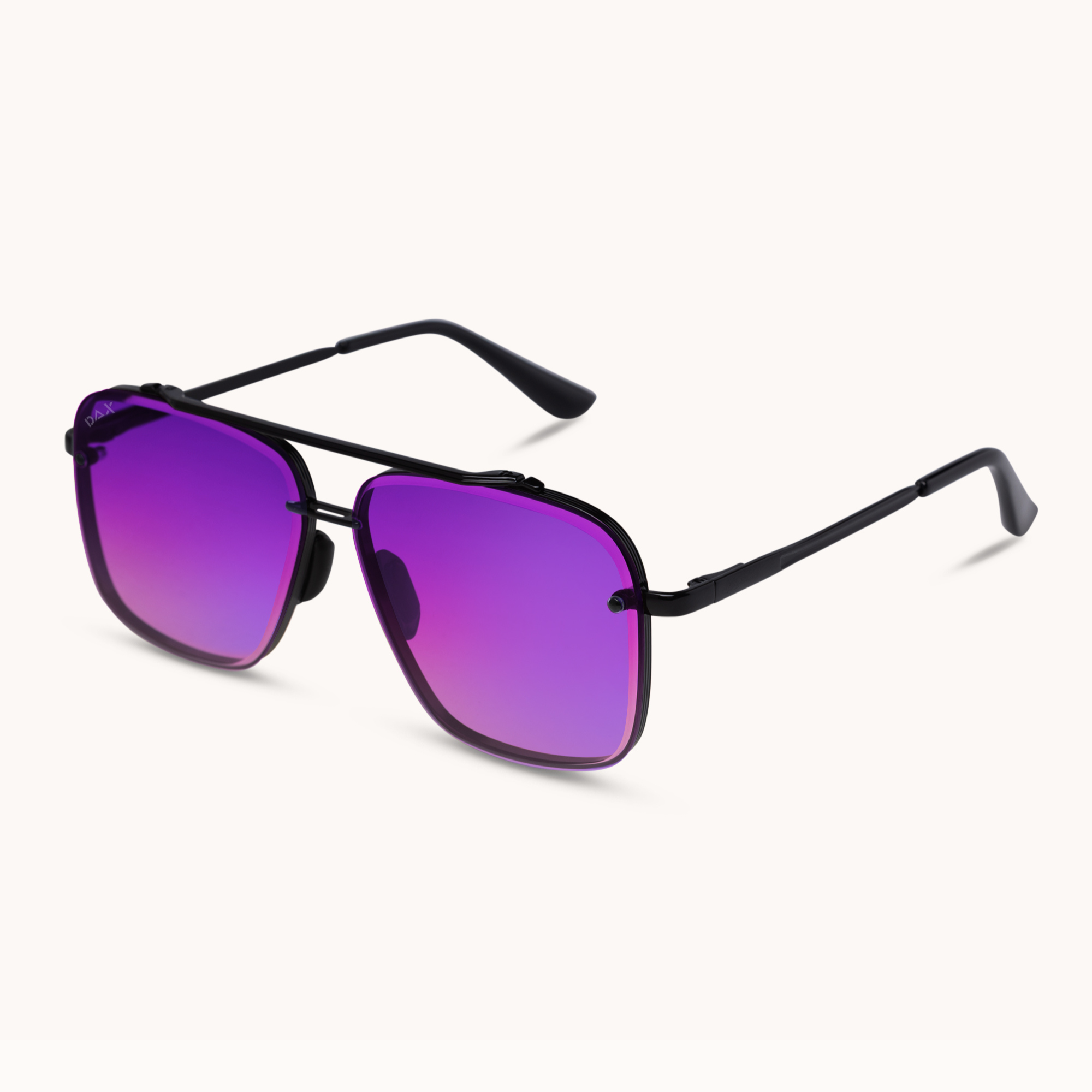 A pair of square aviator-style sunglasses with a matte black metal frame and vibrant purple-to-pink gradient lenses, shown on a clean off-white background.