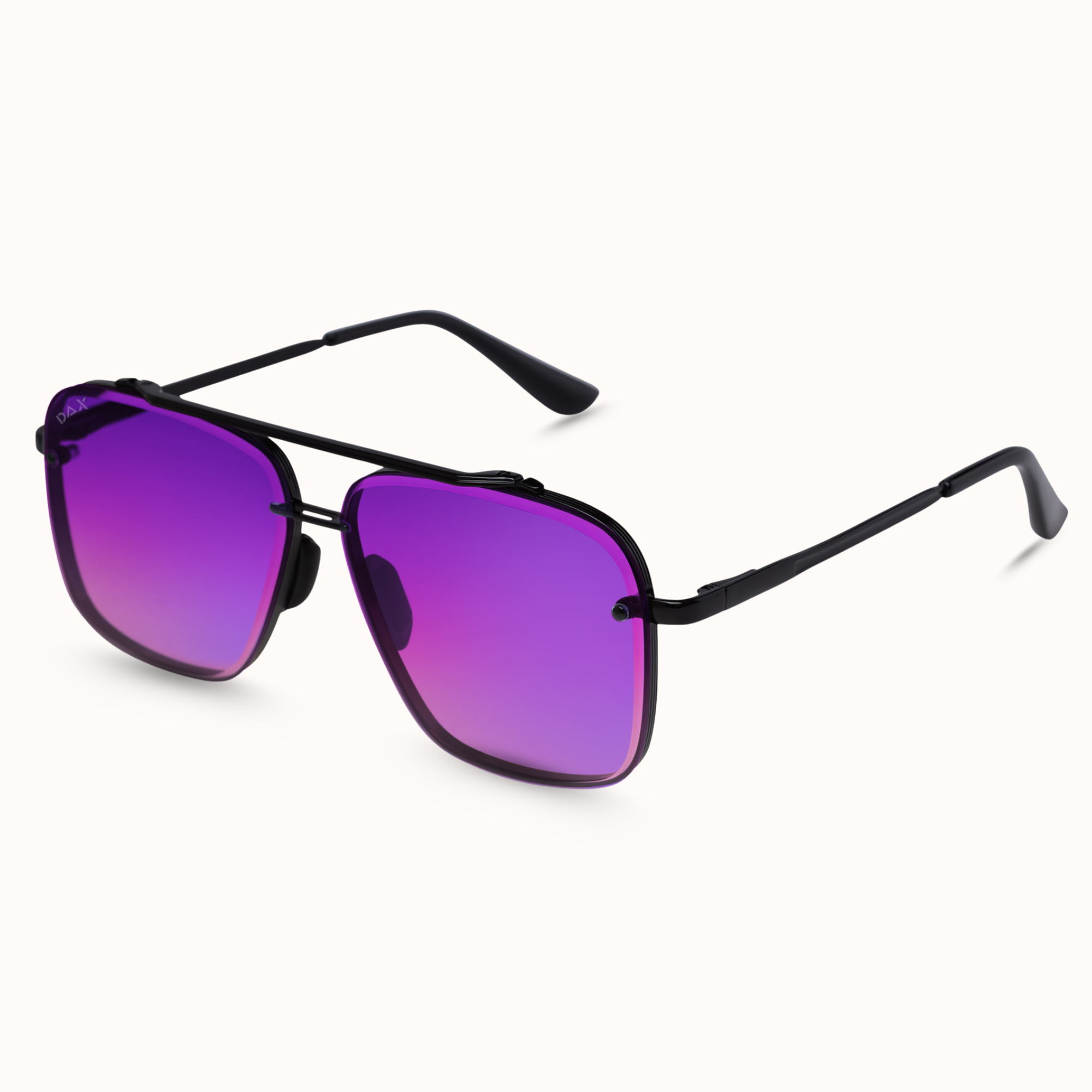 Black metal aviator-style sunglasses with vibrant purple mirrored lenses, shown on a clean off-white background.