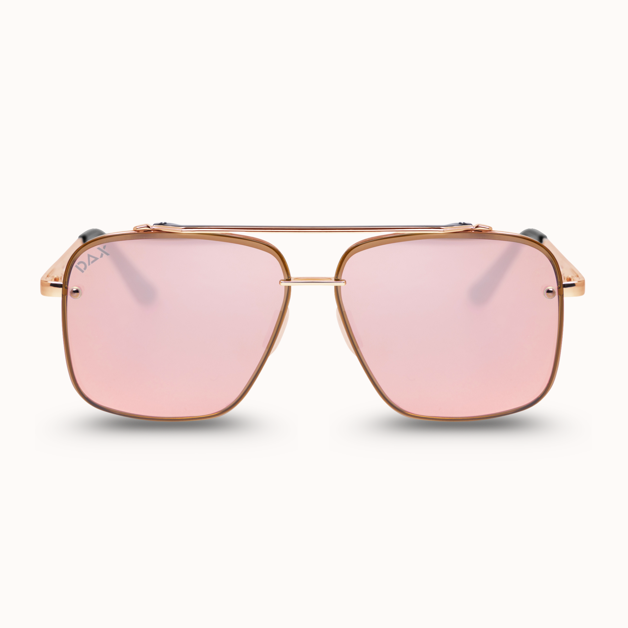 Aviator-style sunglasses with a rose gold metal frame and pink mirrored lenses, shown against a clean off-white background.