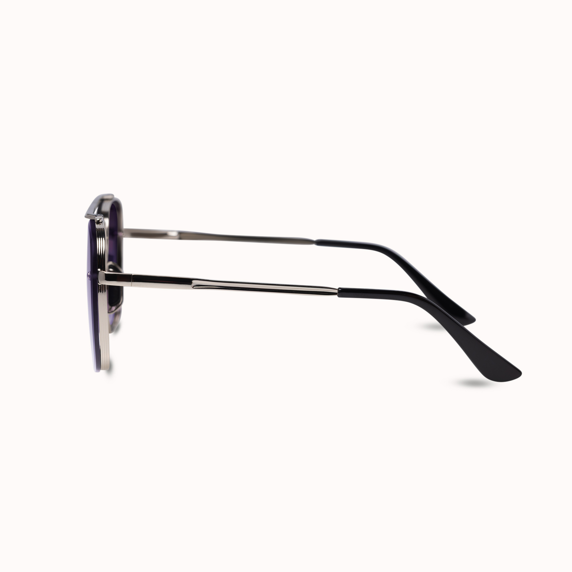 A pair of black acetate sunglasses with dark lenses, shown from a side profile view on a clean white background.