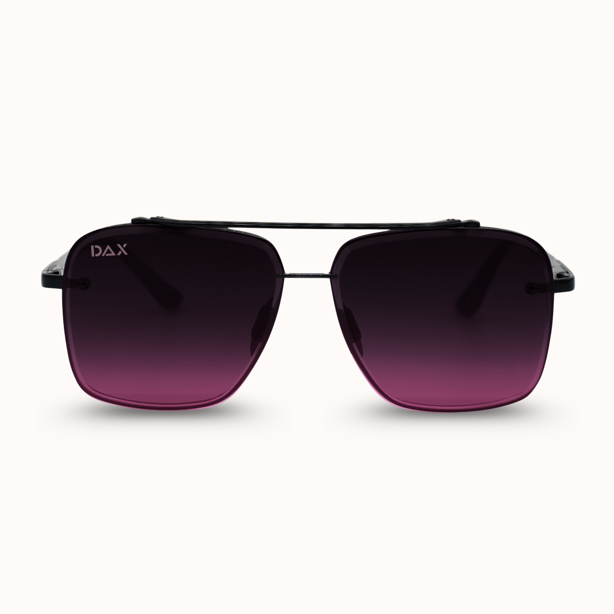 Sunglasses with reddish purple gradient lenses on a white background