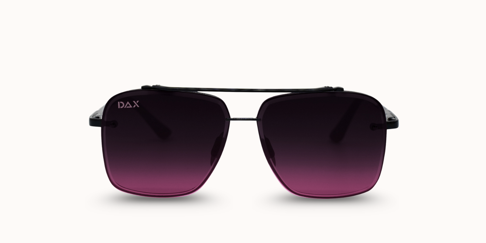Black sunglasses with gradient purple lenses on a white background