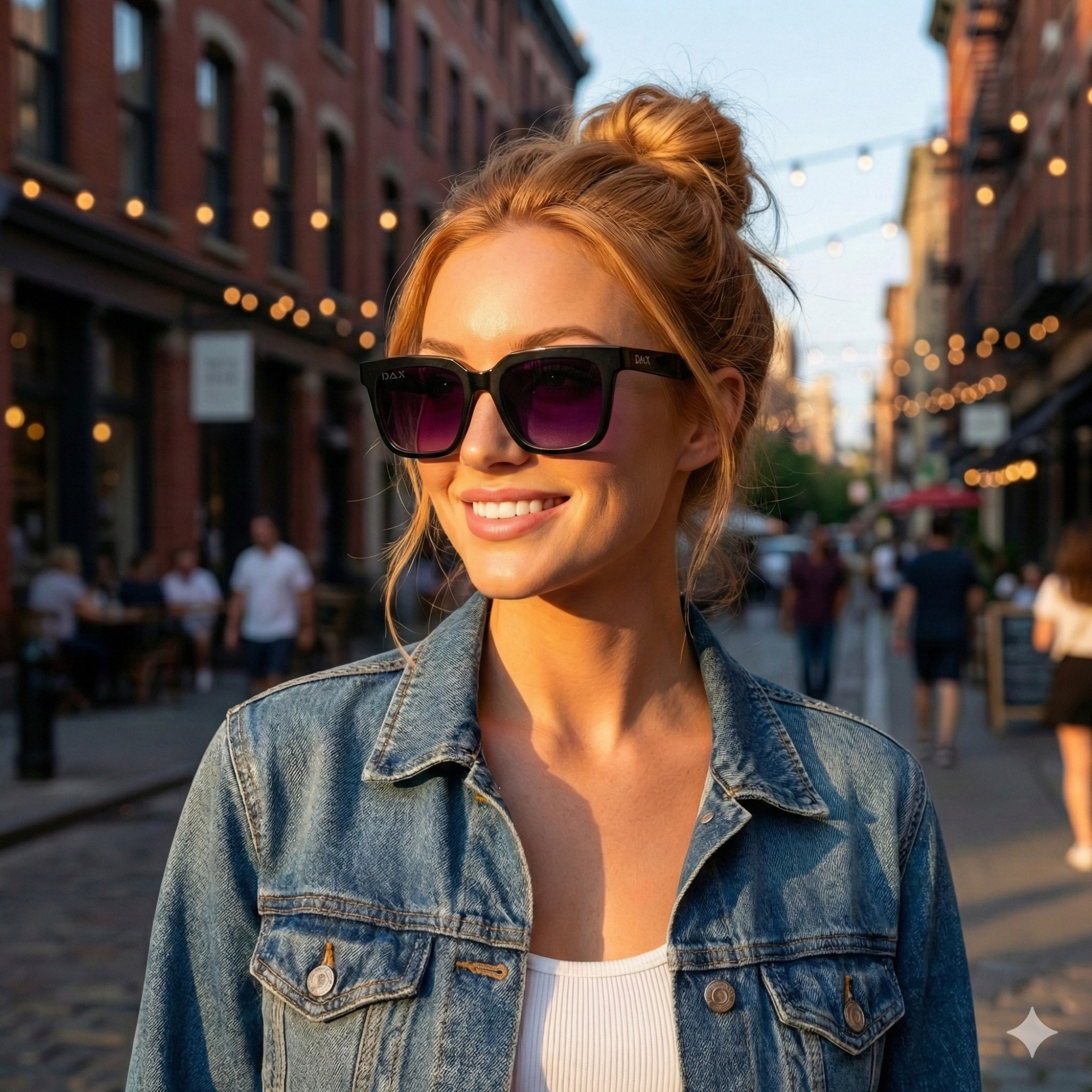 Woman wearing sunglasses and a denim jacket on a city street