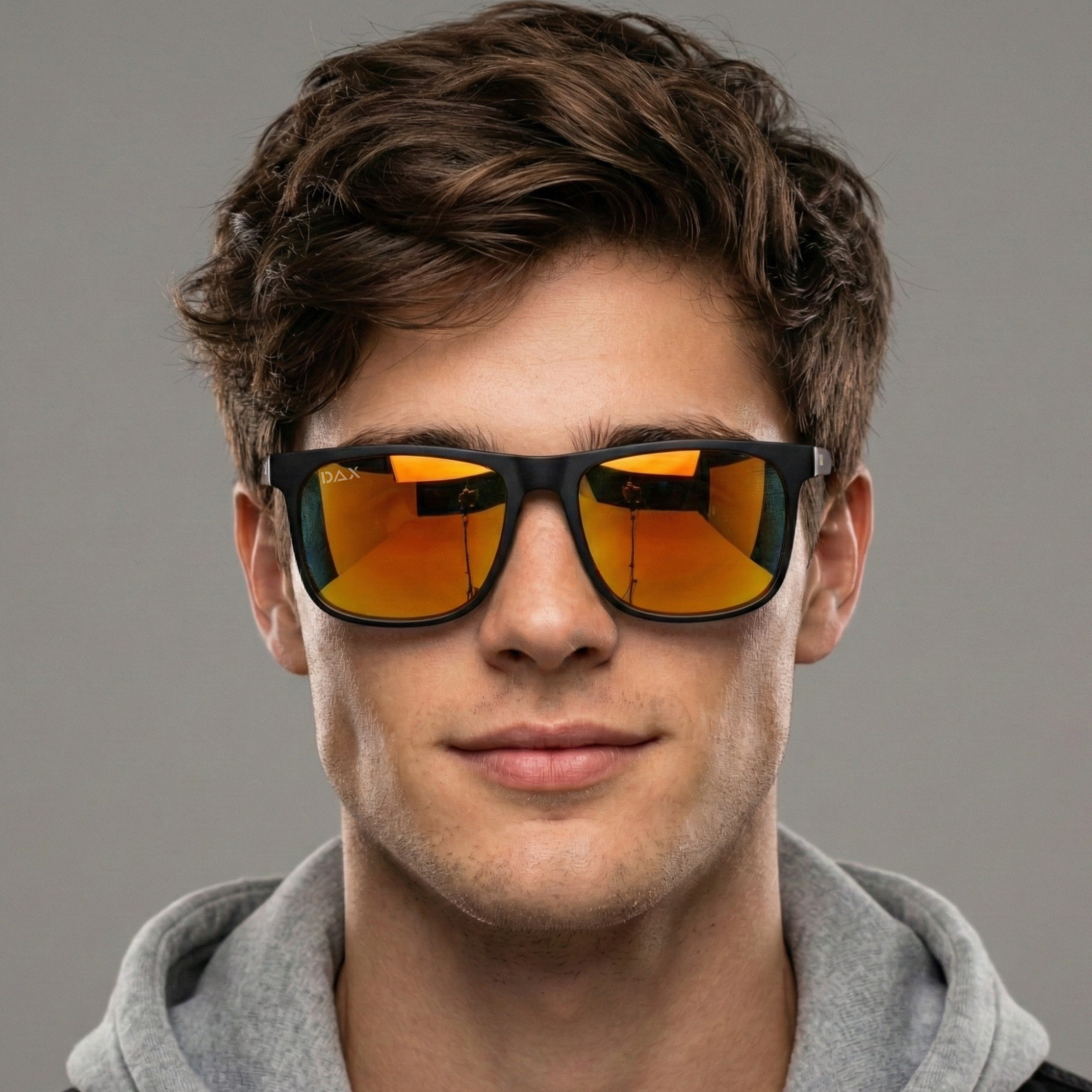 Man wearing sunglasses with orange lenses against a gray background