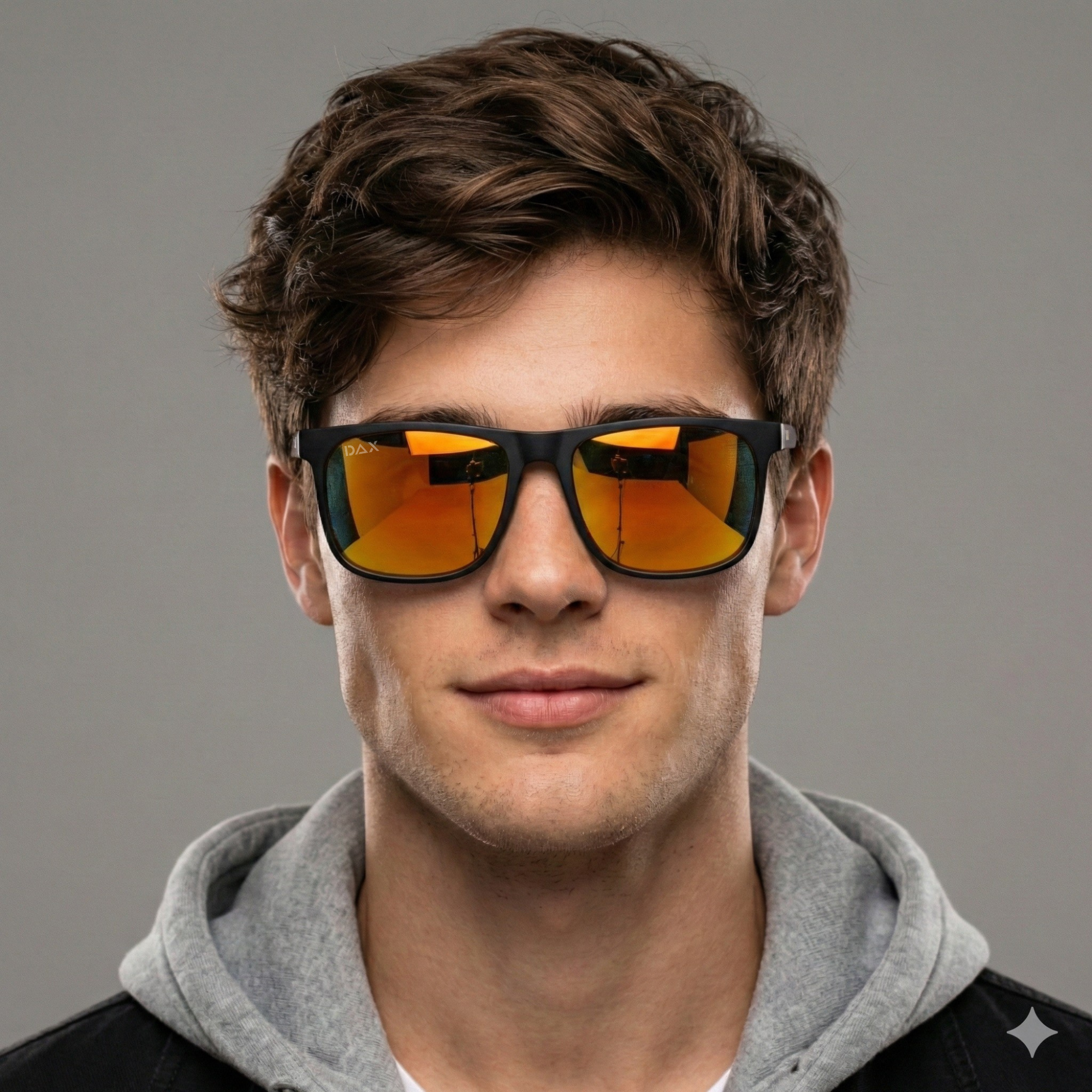 Man wearing sunglasses with orange lenses against a gray background