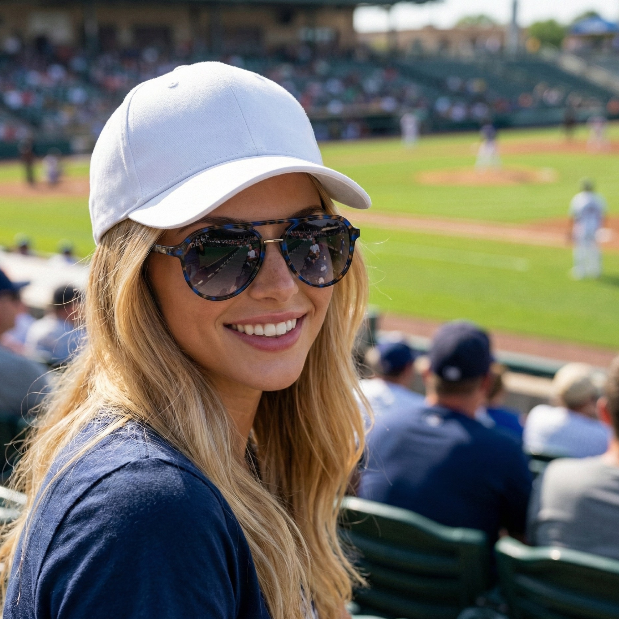 Woman wearing a white cap and sunglasses at a baseball game