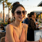 Woman wearing sunglasses and a peach dress at an outdoor event with palm trees and city skyline.