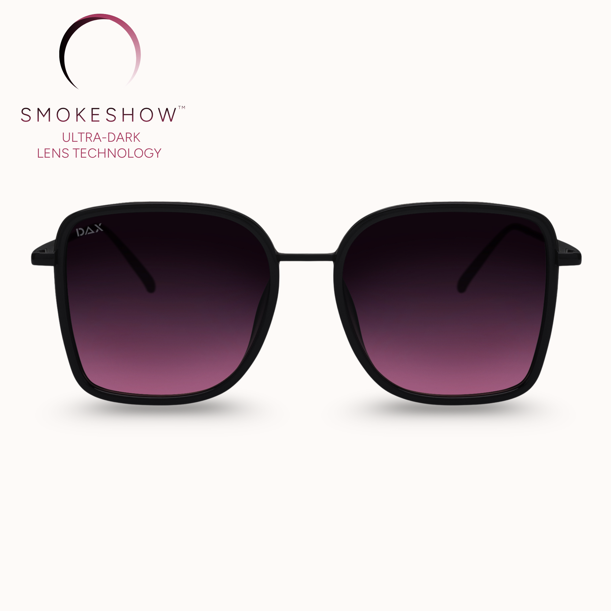 Black sunglasses with purple gradient lenses on a white background, featuring the Smokeshow brand.