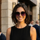 Woman wearing sunglasses and a black dress standing outdoors.