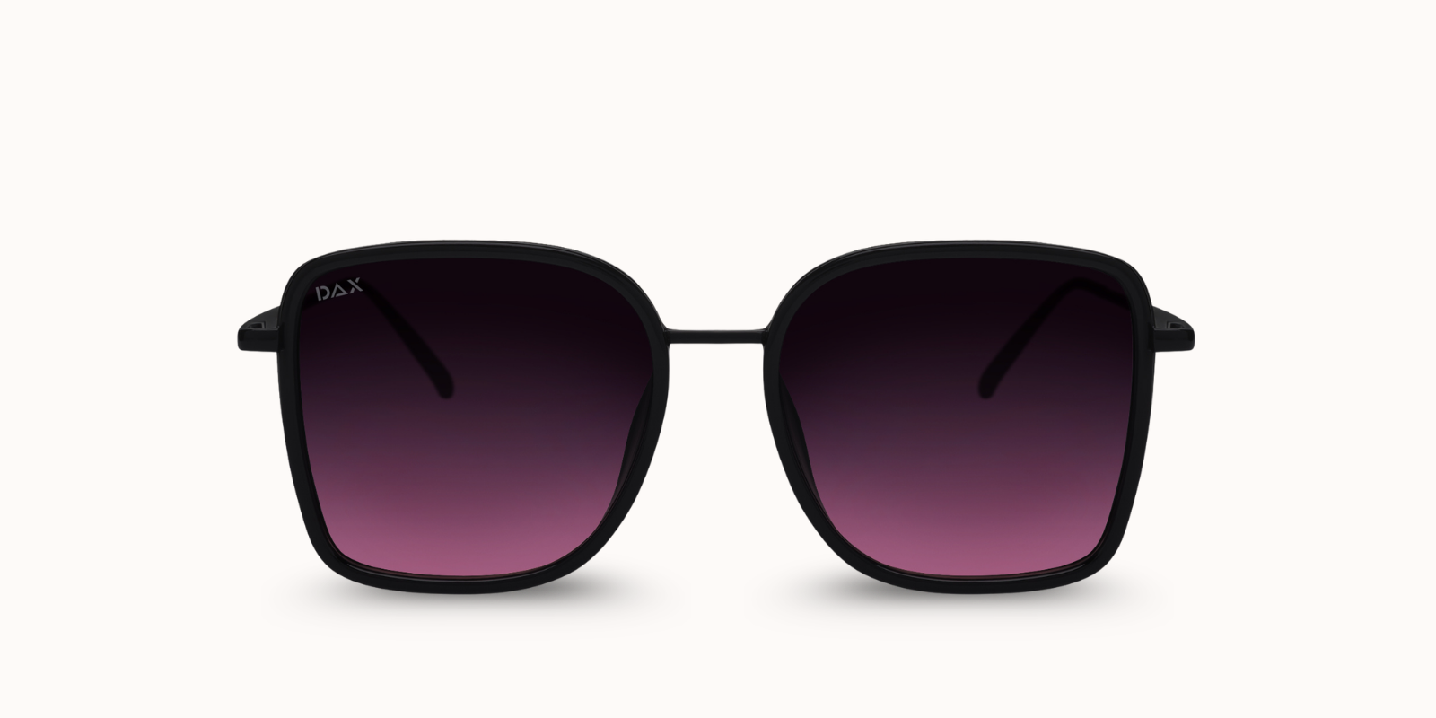 Sunglasses with black frame and gradient purple lenses on a white background