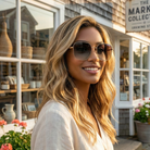 Woman wearing sunglasses in front of a store with flowers and a sign in the background