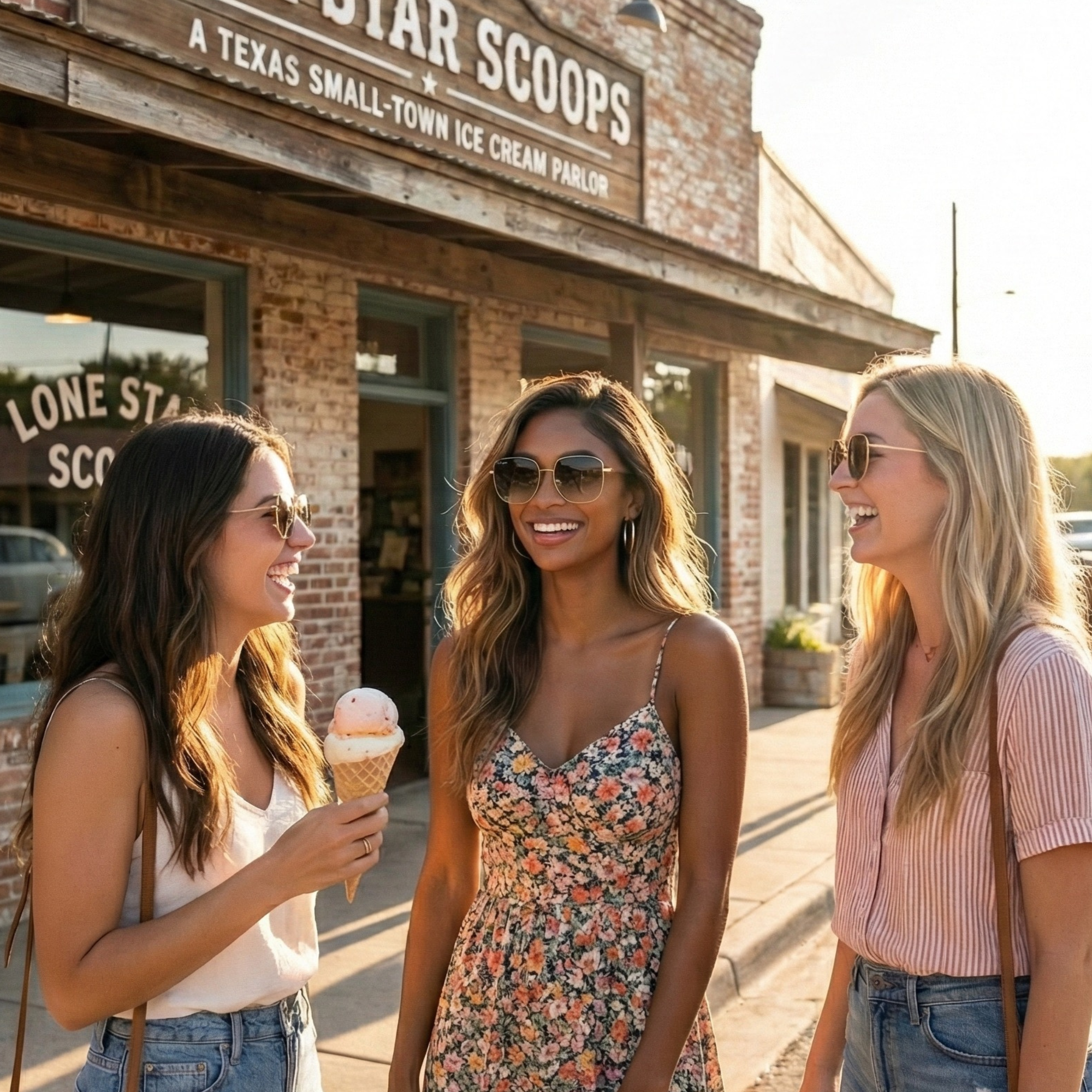 Three women standing outside a building with 'Lone Star Scoops' sign, enjoying ice cream.