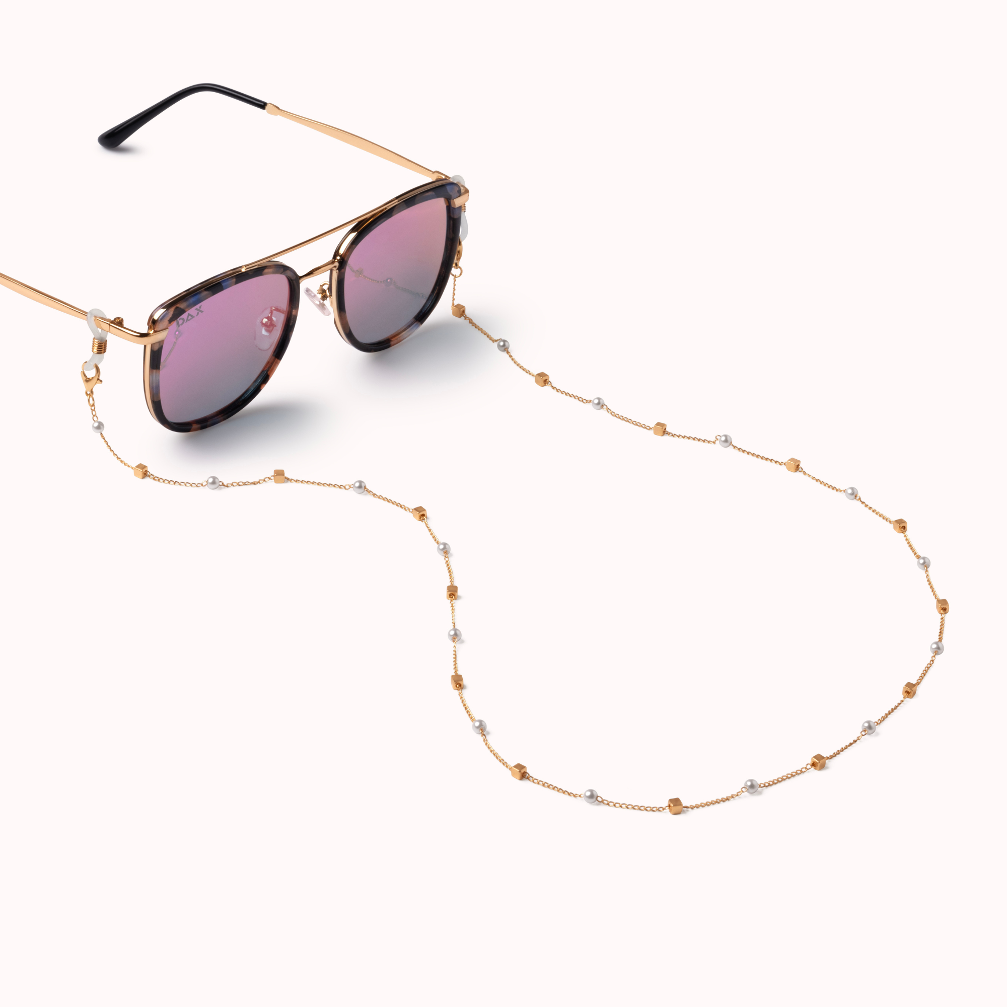 Sunglasses with a beaded chain on a white background