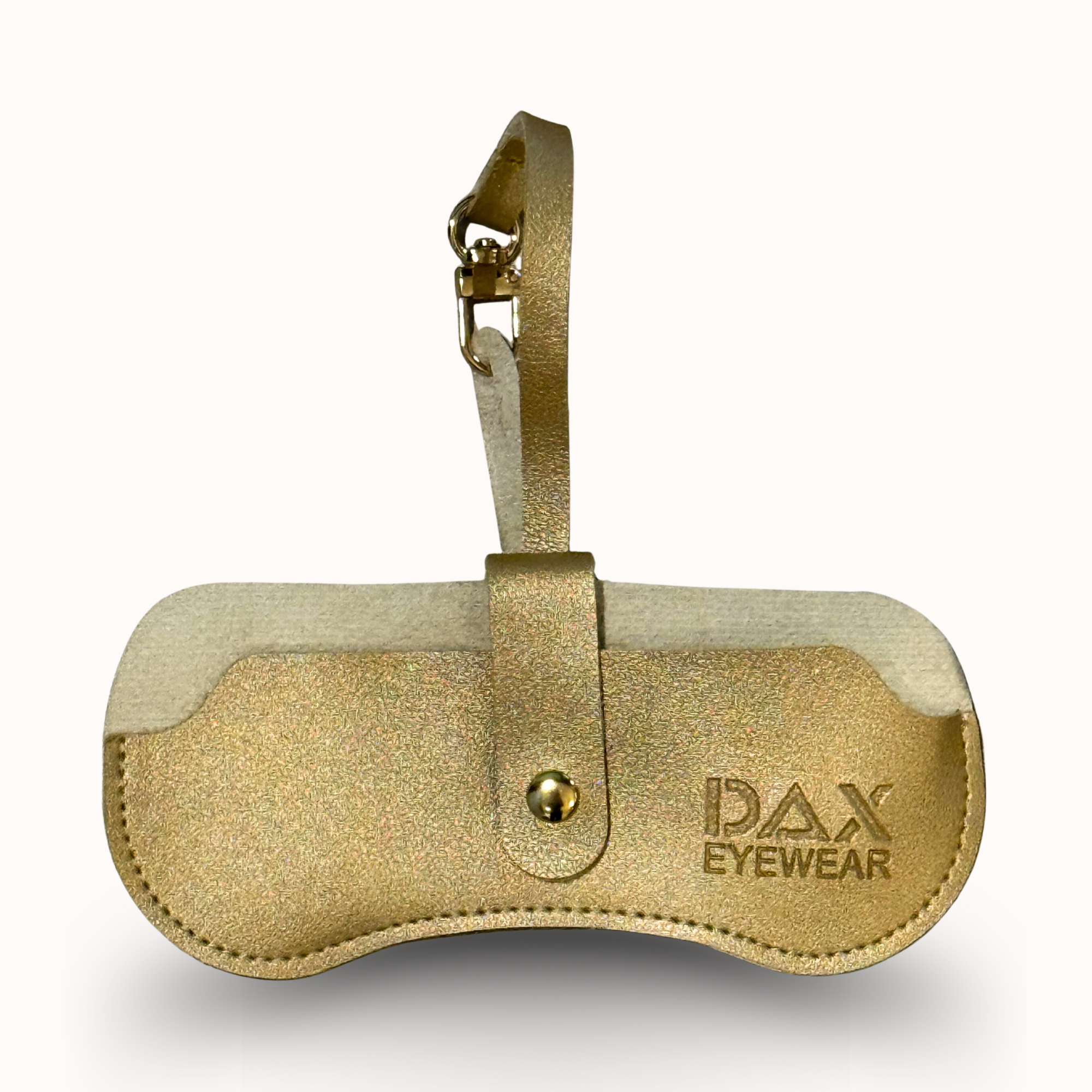 Gold eyewear case with 'DAX Eyewear' branding on a white background