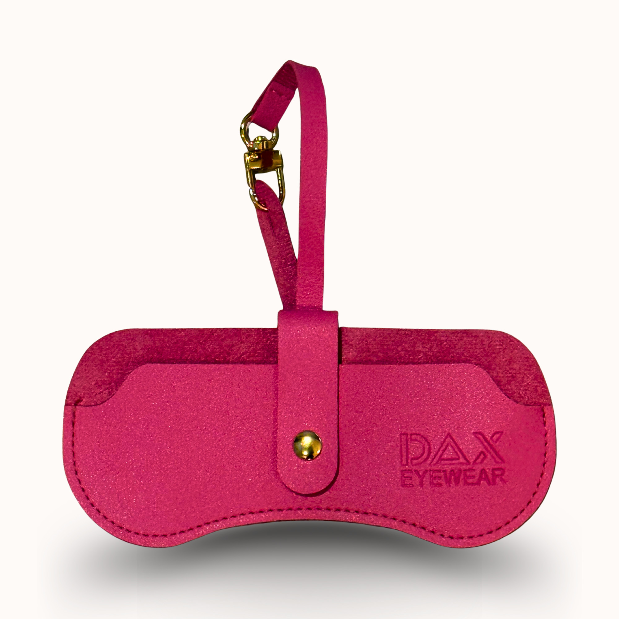 Pink sunglasses case with gold accents and 'DAX EYEWEAR' branding on a white background