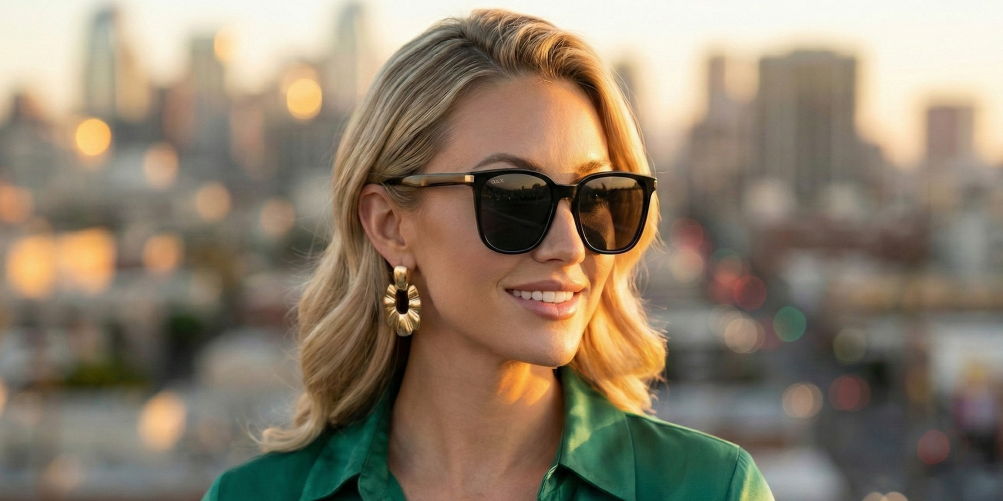 Woman wearing sunglasses with a cityscape in the background