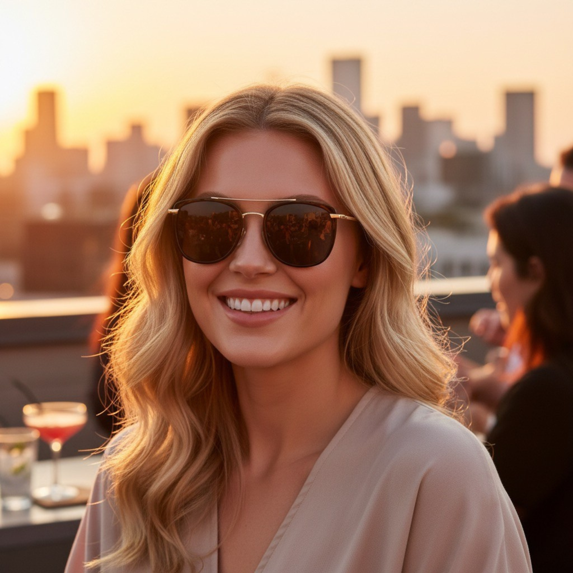 Woman wearing sunglasses with a cityscape in the background