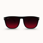 Black sunglasses with red gradient lenses on a white background
