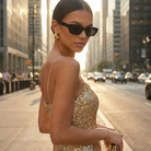 Woman in a sparkly dress and sunglasses on a city street