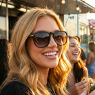 Woman wearing sunglasses with a blurred background of people and lights
