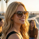 Woman wearing sunglasses with a blurred background of people and palm trees