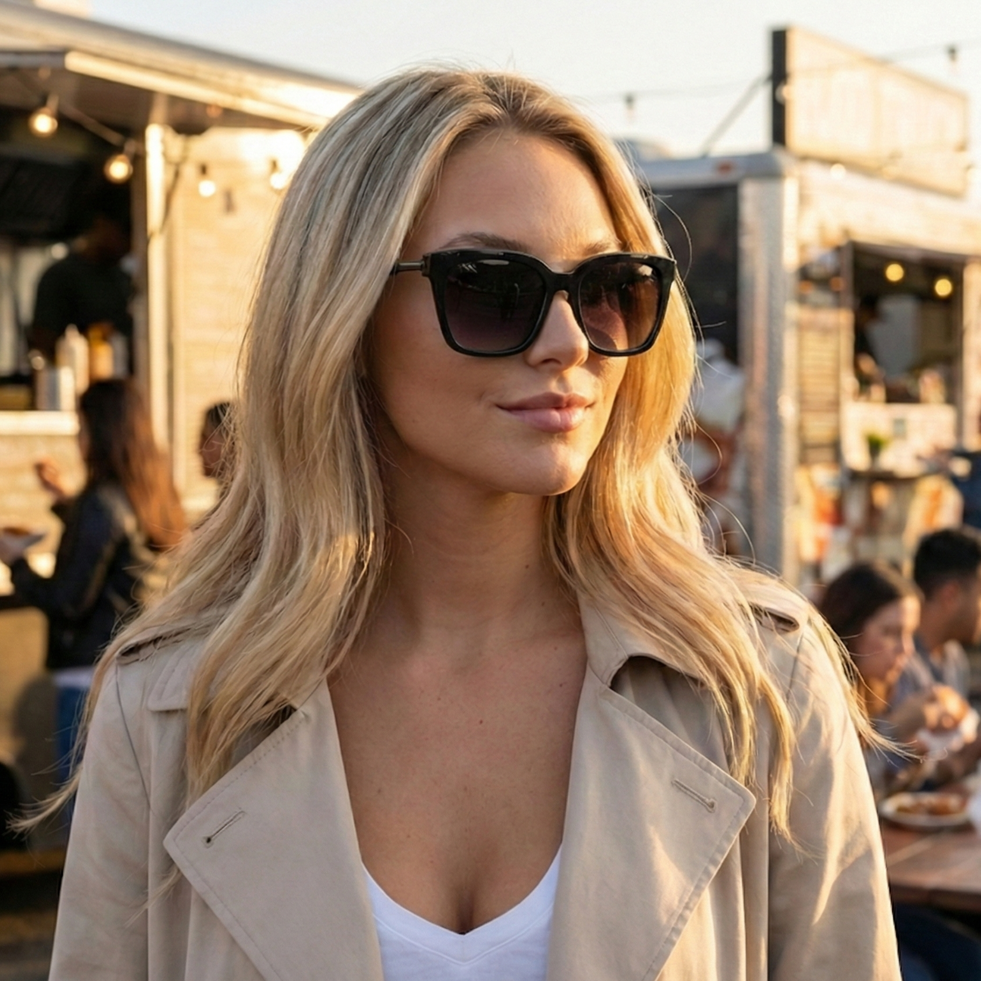 Woman wearing sunglasses and a beige coat in an outdoor setting