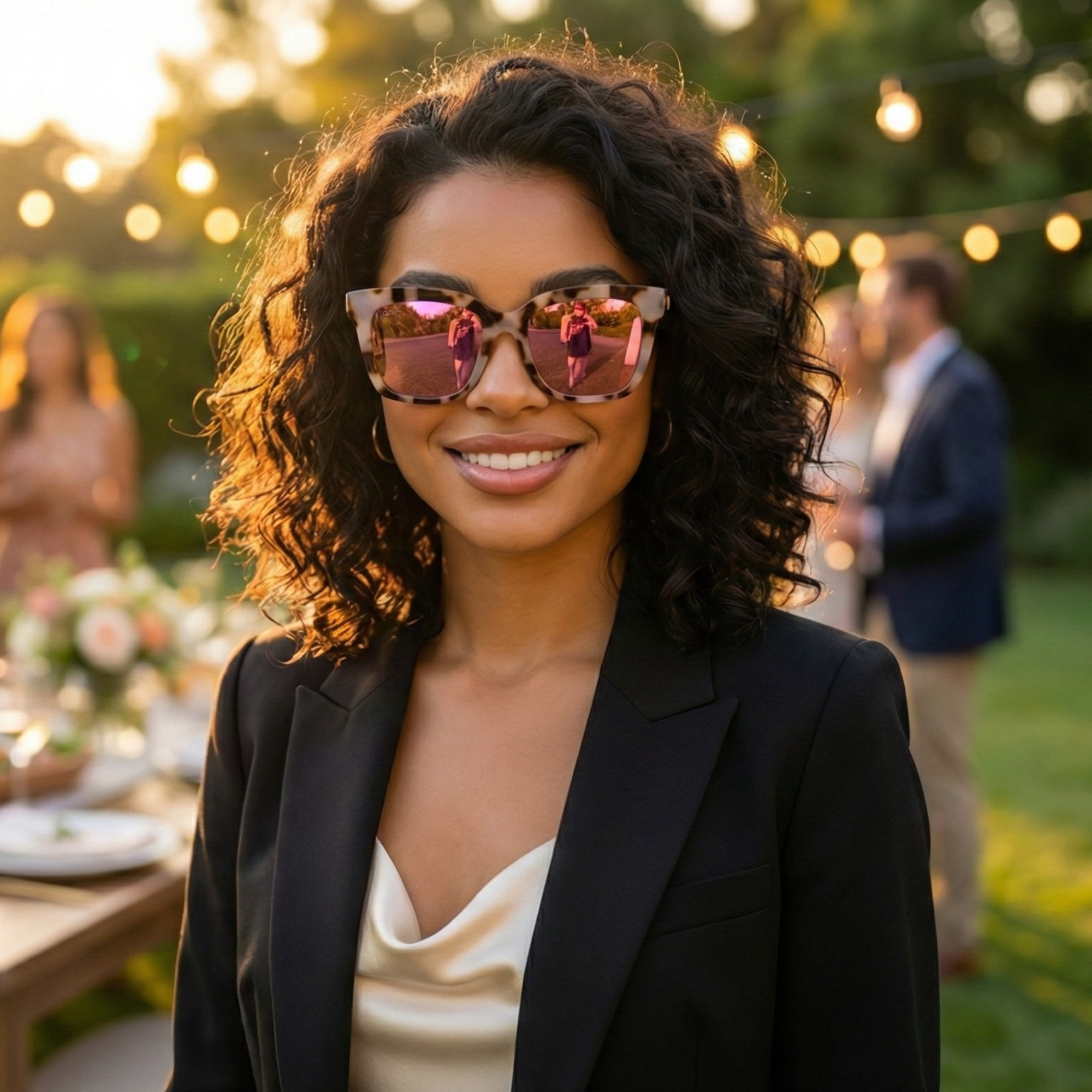 Woman wearing sunglasses with a blurred outdoor event background