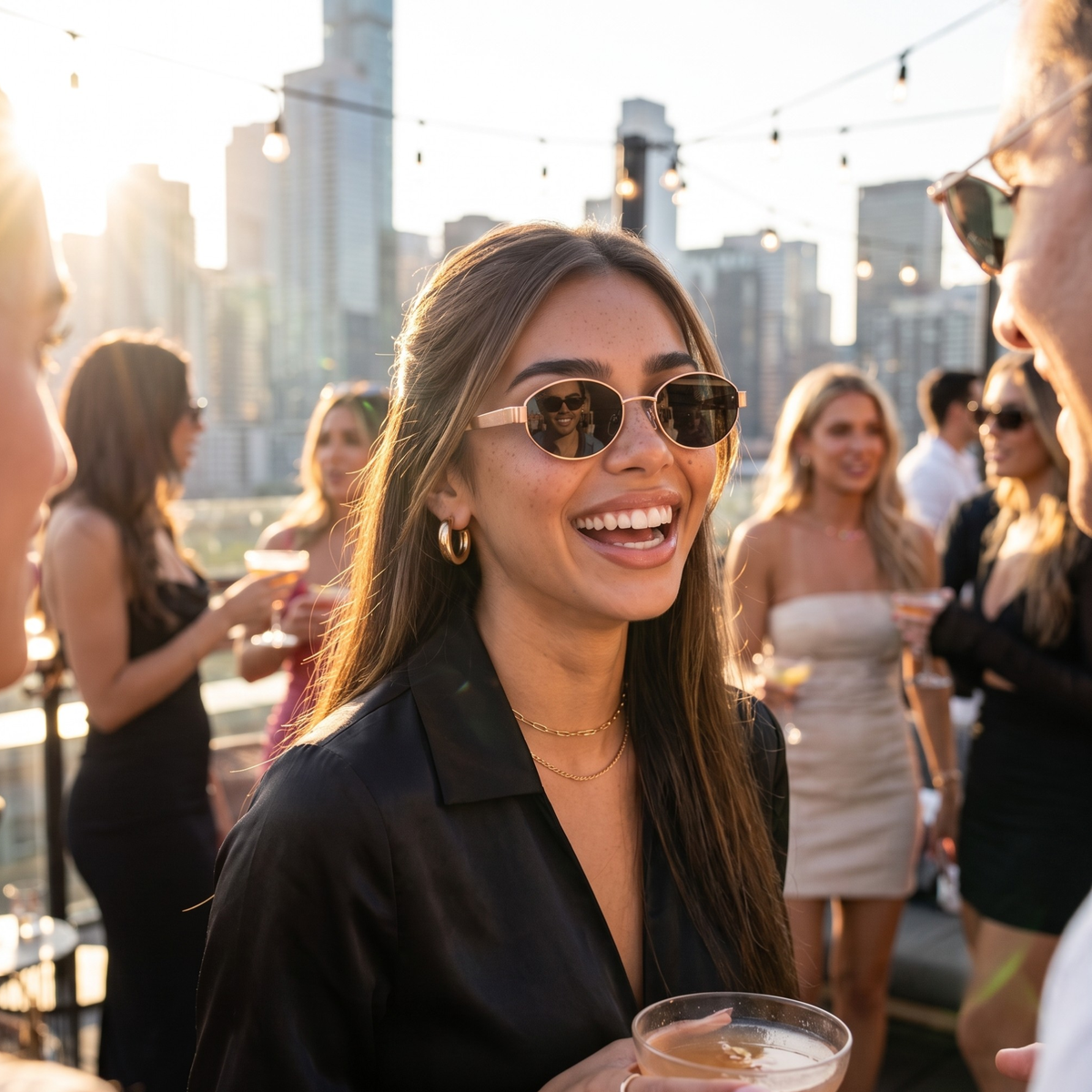 A brunette woman wearing oval sunglasses at a roof top bar.
