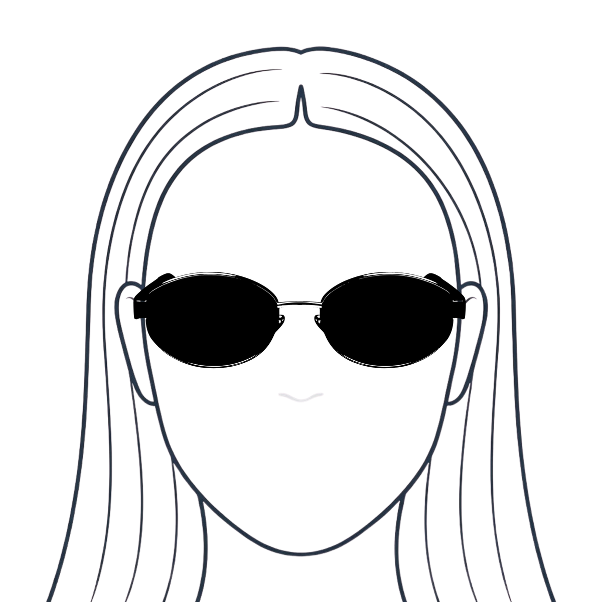 A minimalist black line drawing of a woman's face wearing oval sunglasses, centered on a plain white background.