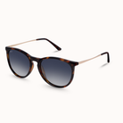 Tortoiseshell sunglasses with a gradient gray lens and slim rose gold metal temples, shown on a clean off-white background.
