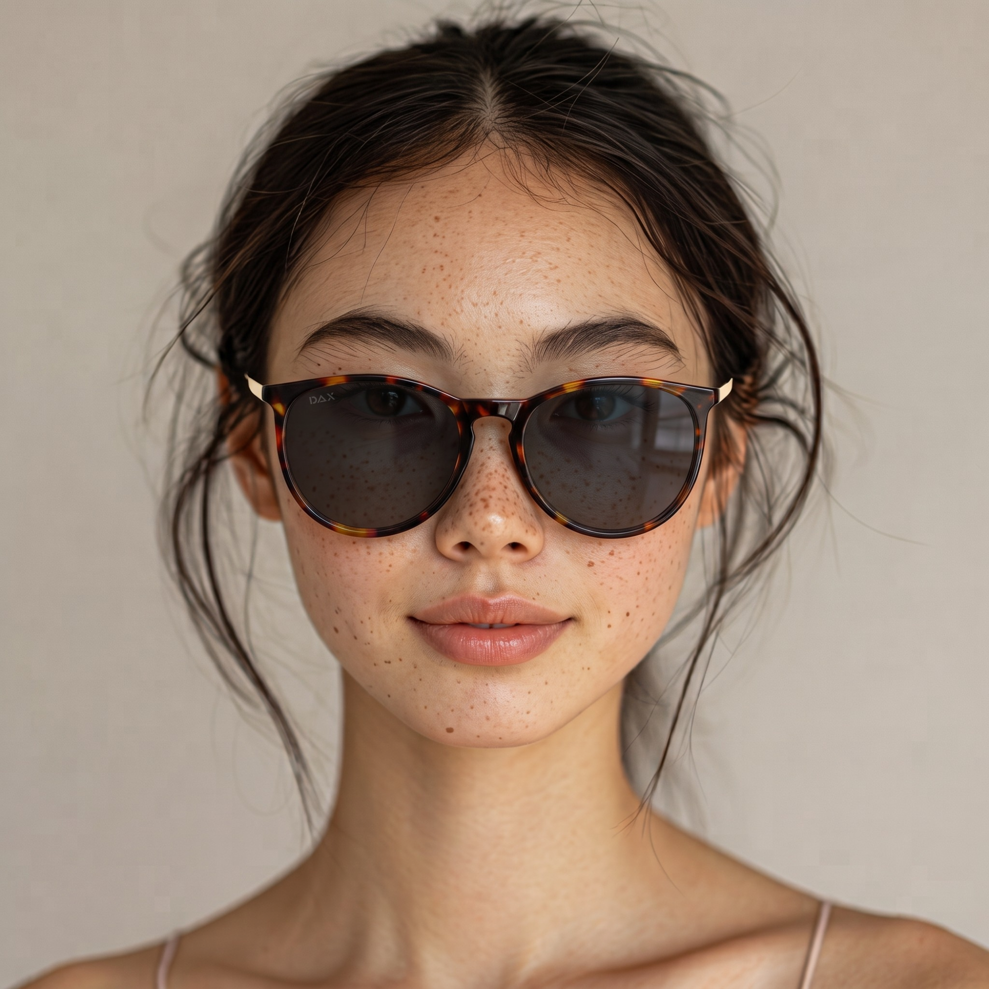 A close-up portrait of a woman with dark hair wearing round tortoiseshell sunglasses with dark lenses, set against a plain beige background.