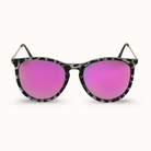 Sunglasses with pink lenses and a black and gray frame on a white background