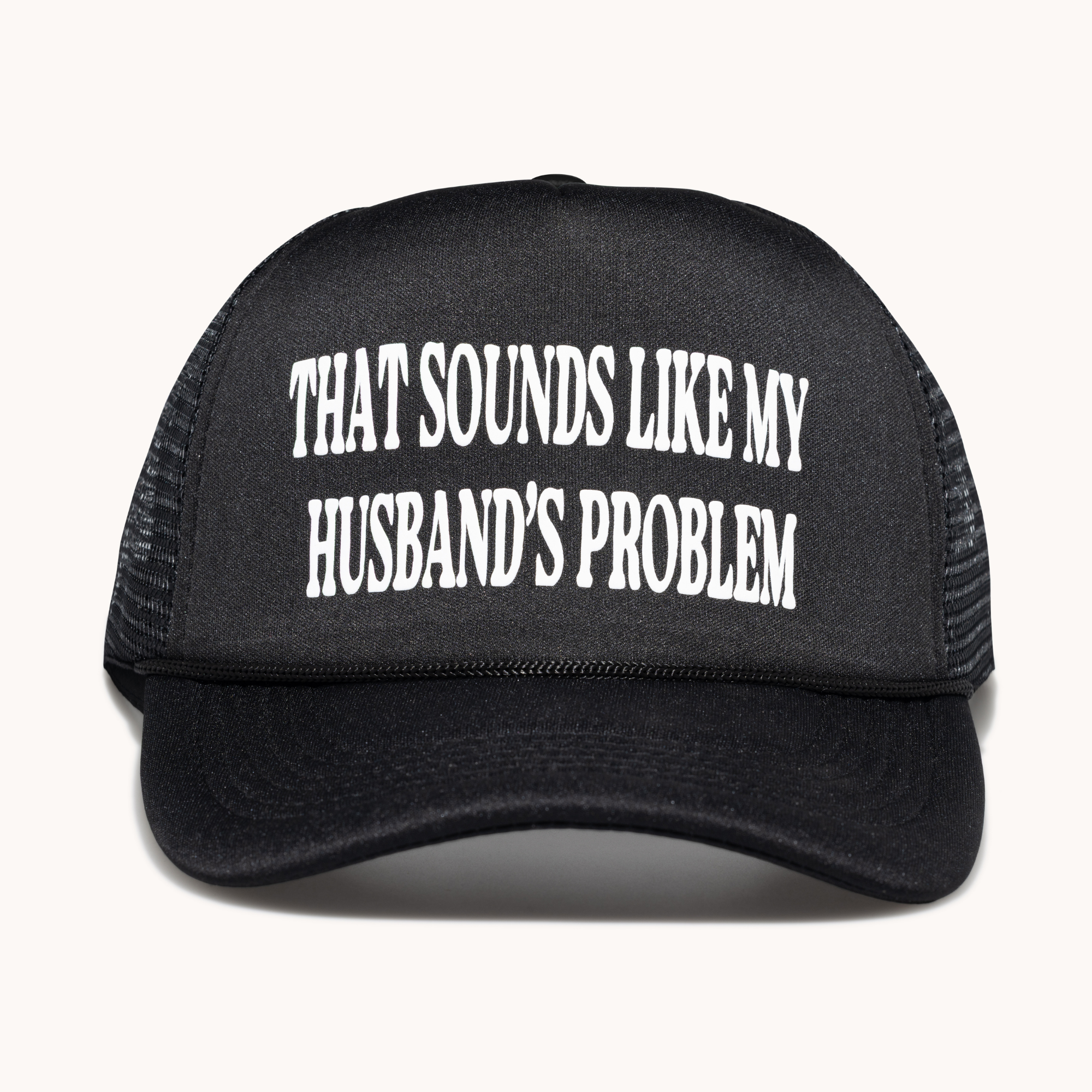 Black trucker cap with white text on a white background