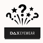A black rectangular box with the brand name 'DAX EYEWEAR' in white, shown below a black graphic of question marks and stars rising upward on a light off-white background.